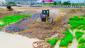 Incredible Landfill Operation | Shantui DH17C3 Dozer & Dump Trucks Blocking Flood