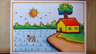 رسم منظر طبيعي لحقل الأرز | رسم منظر قرية |شجرة، طائر، شمس، رسم منزل