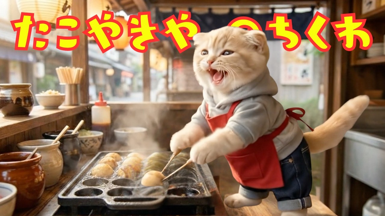 【世界一笑う猫ちくわ】たこ焼き屋のちくわ🐙 アツアツくるくる大騒ぎ！
