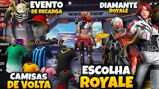 CODIGUINHO, TORRE DE TOKENS, ESCOLHA ROYALE, DIAMANTE ROYALE, CAMISAS DE TIME, MOCHILA DE RECARGA FF