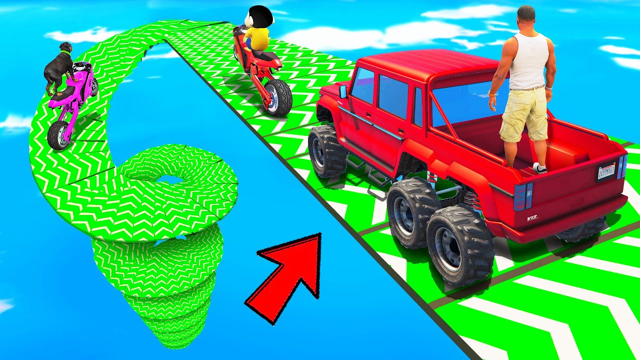 SHINCHAN AND FRANKLIN TRIED THE IMPOSSIBLE HIGHEST SPIRAL SPEED BOOSTER PARKOUR CHALLENGE GTA 5