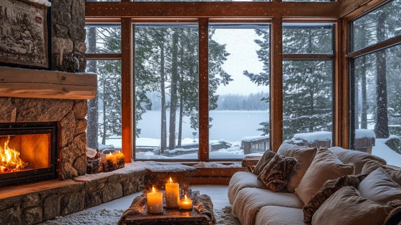 ❄️🔥 Heavy Snowfall at Lake | Relaxing Piano & Fireplace Sounds | Cozy Cabin for Deep Sleep