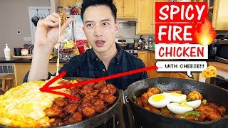 cookbang • mukbang • 🔥🐔 SPICY FIRE CHICKEN (CORN-CHEESE 🌽➕🧀 BULDAK 치즈불닭) &amp; 🌶 TTEOKBOKKI (떡볶이)