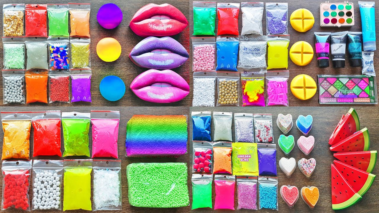Making Slime with Clay Bags Makeup and Crunchy Bricks