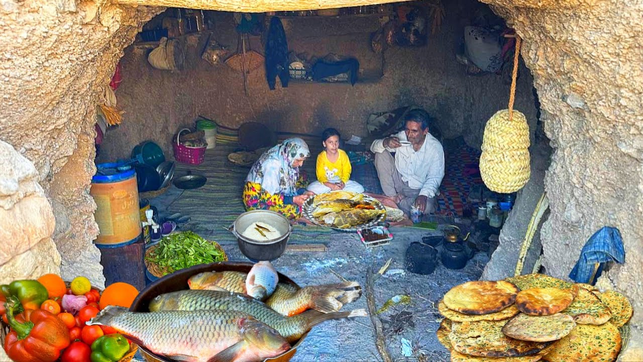 IRAN Village Life: Grilled Fish With Salt For Lunch & Baking Local Bread in a Clay Oven