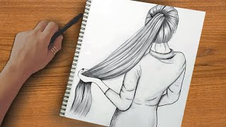 رسم سهل | تعليم رسم بنت من الخلف مع شعر طويل سهل بالرصاص خطوه بخطوه للمبتدئين بطريقة سهلة | رسم بنات