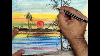 How to draw Sunset Scenery for Beginners with Oil Pastel step by step || সহজ  দৃশ্যাবলী অঙ্কন