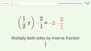 Solve 1/2y-5=-7: Linear Equation Video Solution | Tiger Algebra