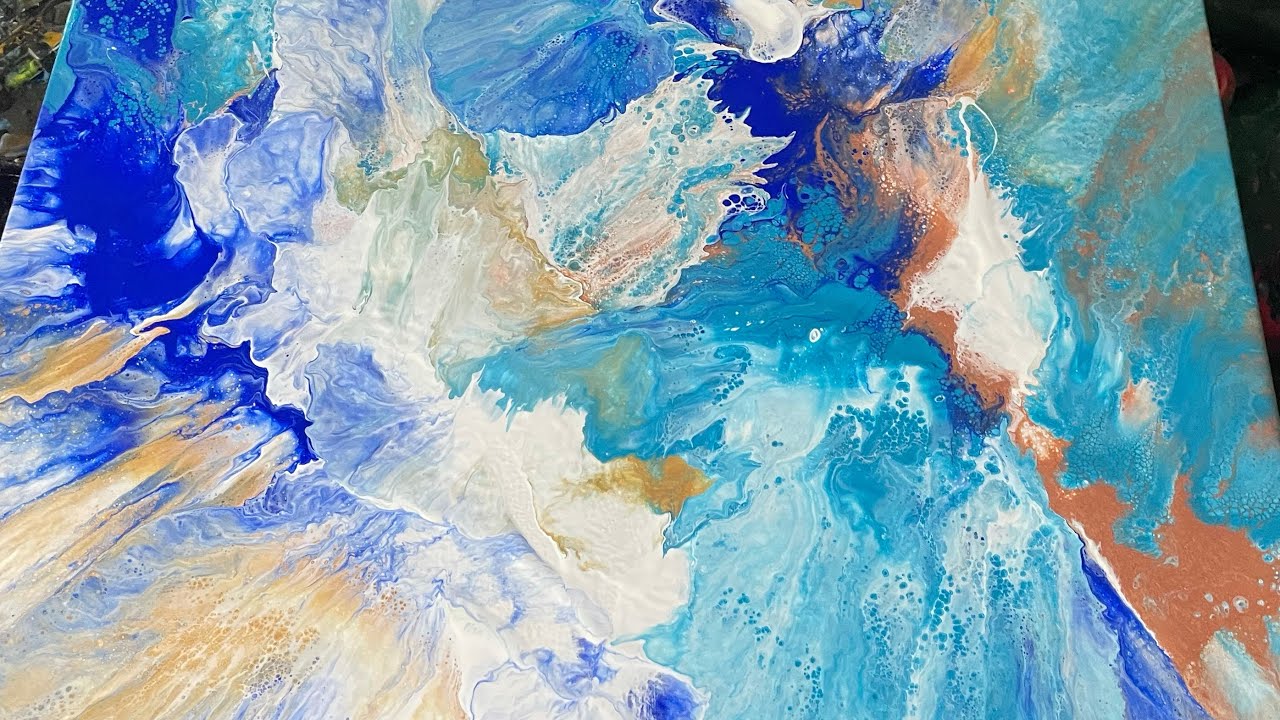 Relax and paint with me. Blue, bronze, white and gold paint pour. YouTube