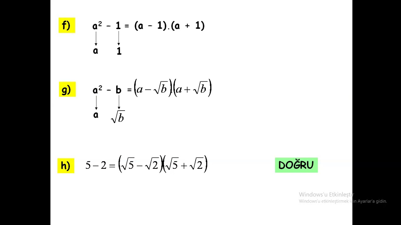Çarpanlara Ayırma İki kare farkı özdeşliği YouTube