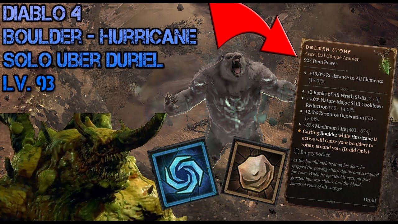 Solo Uber Duriel - Level 93 Hurricane/Boulder Druid - Diablo 4 Season 2