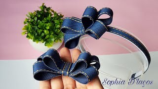 LAÇO JEANS MARIA ALICE / NO BICO DE PATO E TIARA / DIY / Ribbon bow / Sophia D&#39;Laços