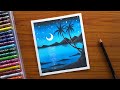 How to draw a scenery of moonlight  moonlight oil pastel drawing for beginners