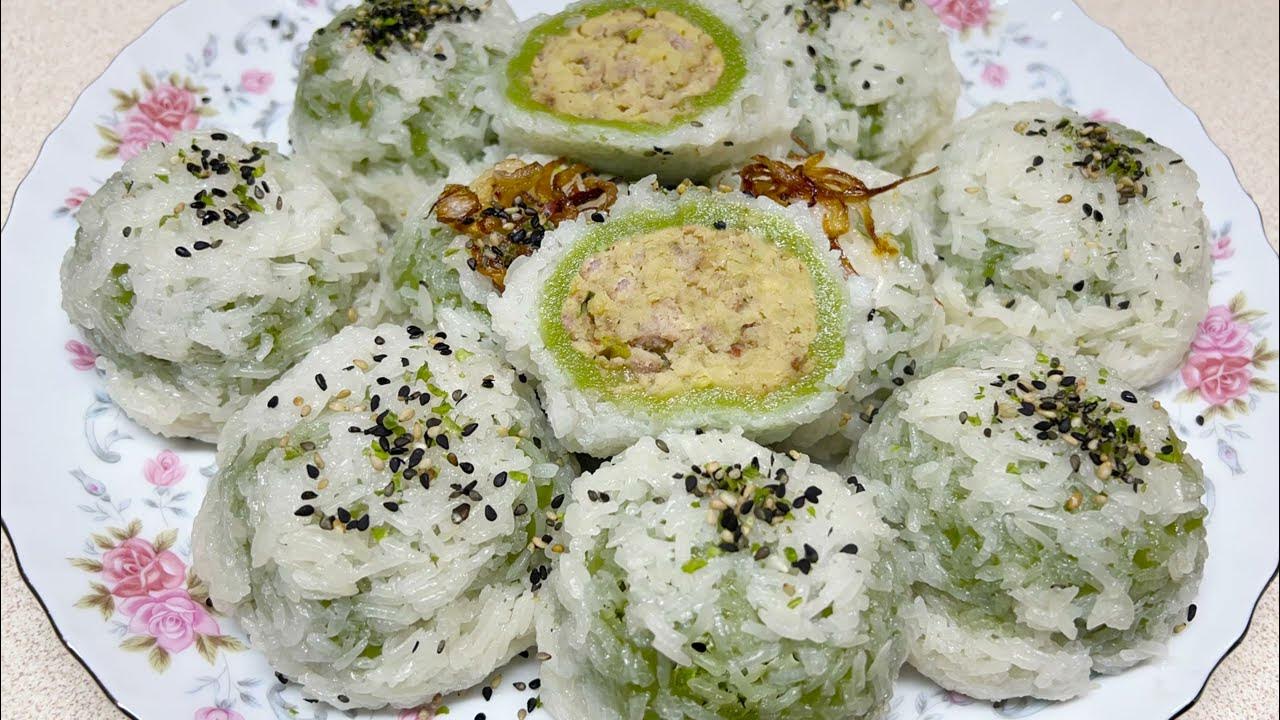 Xôi Cúc, Bánh Khúc Mặn Lá Kỷ Tử, Làm Từ Nếp Ngâm Xay Savoury Stuffed Glutinous Rice Balls