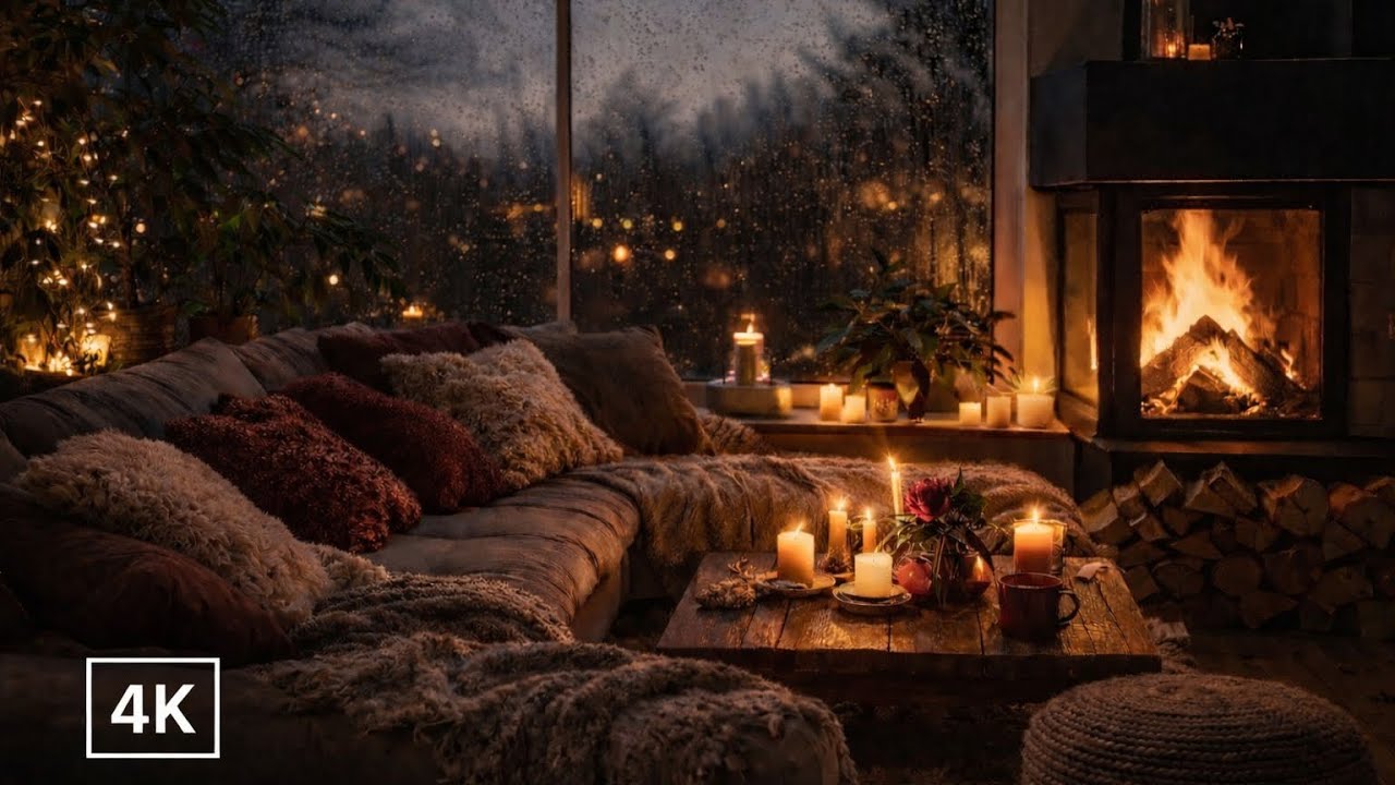 Cozy Rainy Cabin Ambiance 🌧️ Smooth Jazz, Fireplace Crack & Rain Sounds | 4K Special Evening Retreat