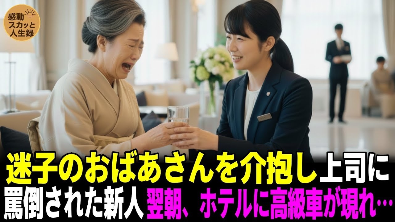 迷子のおばあさんを介抱し上司に罵倒された新人。翌朝、ホテルに高級車が現れ…