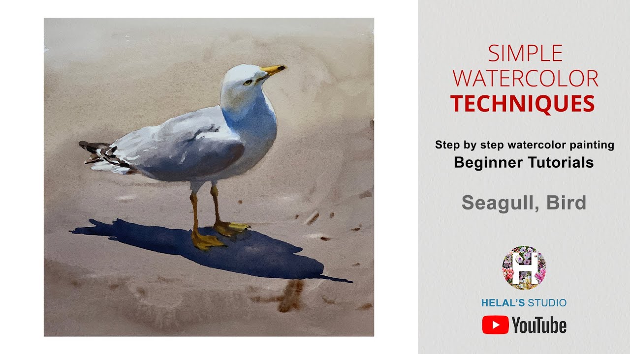 Simple watercolor techniques | Seagull, Bird and Sand | beginner tutorials| HELAL'S STUDIO