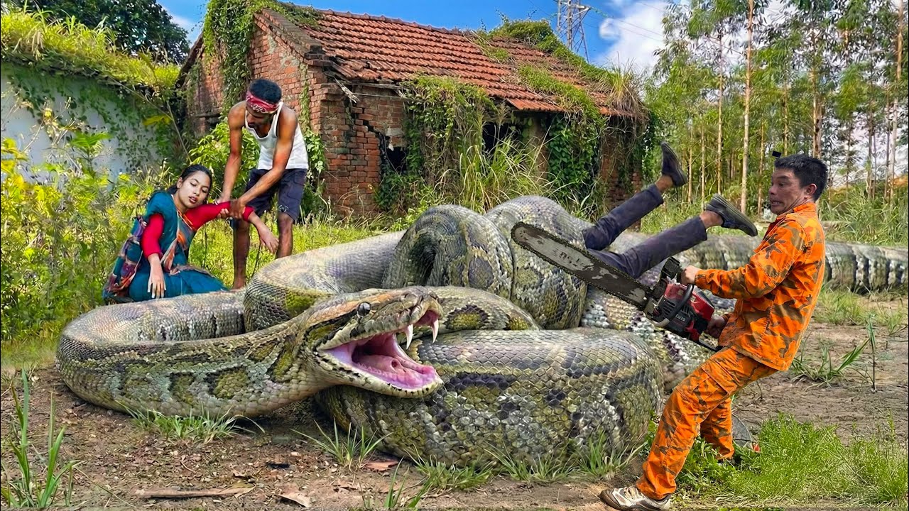 A Village Snake Story | Man confronts giant snake head-on with heavy-duty chainsaw.