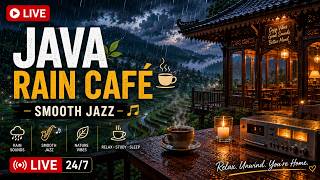 ☕ Luxury Rainy Rice Terrace Café | Smooth Jazz & Rain Sounds for Relaxing, Study & Sleep • 24/7 LIVE