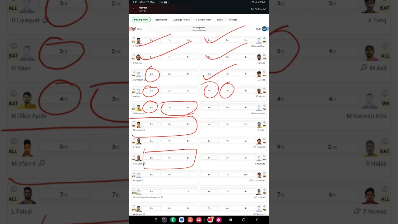 SHA VS EMB T10-Emirates D10 ! batting order sequence ! 