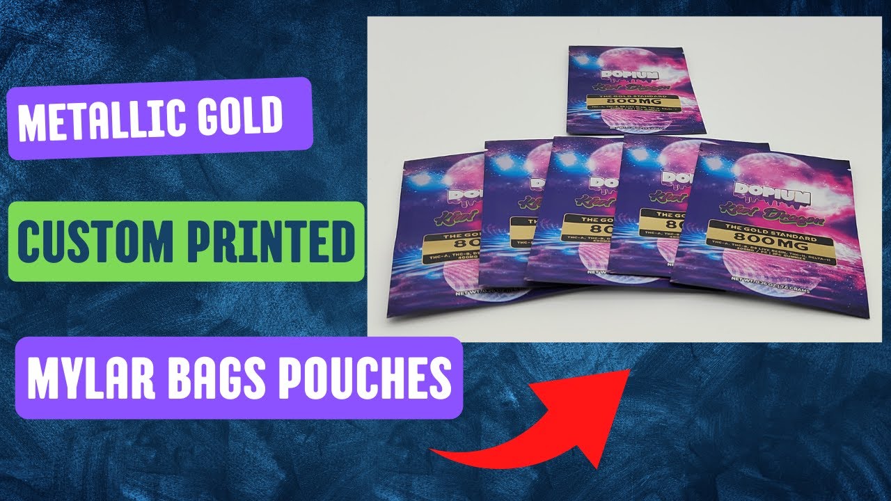 Custom luxury metallic gold printed hemp/CBD/cannabis/gummies plastic mylar bags with low minimums