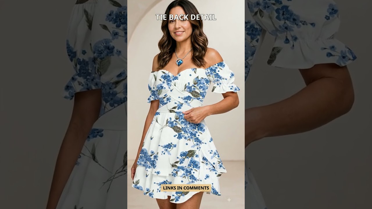 woman wearing lyaner off shoulder casual dress with layered ruffle skirt and tie back, paired with tan cross band mule sandal