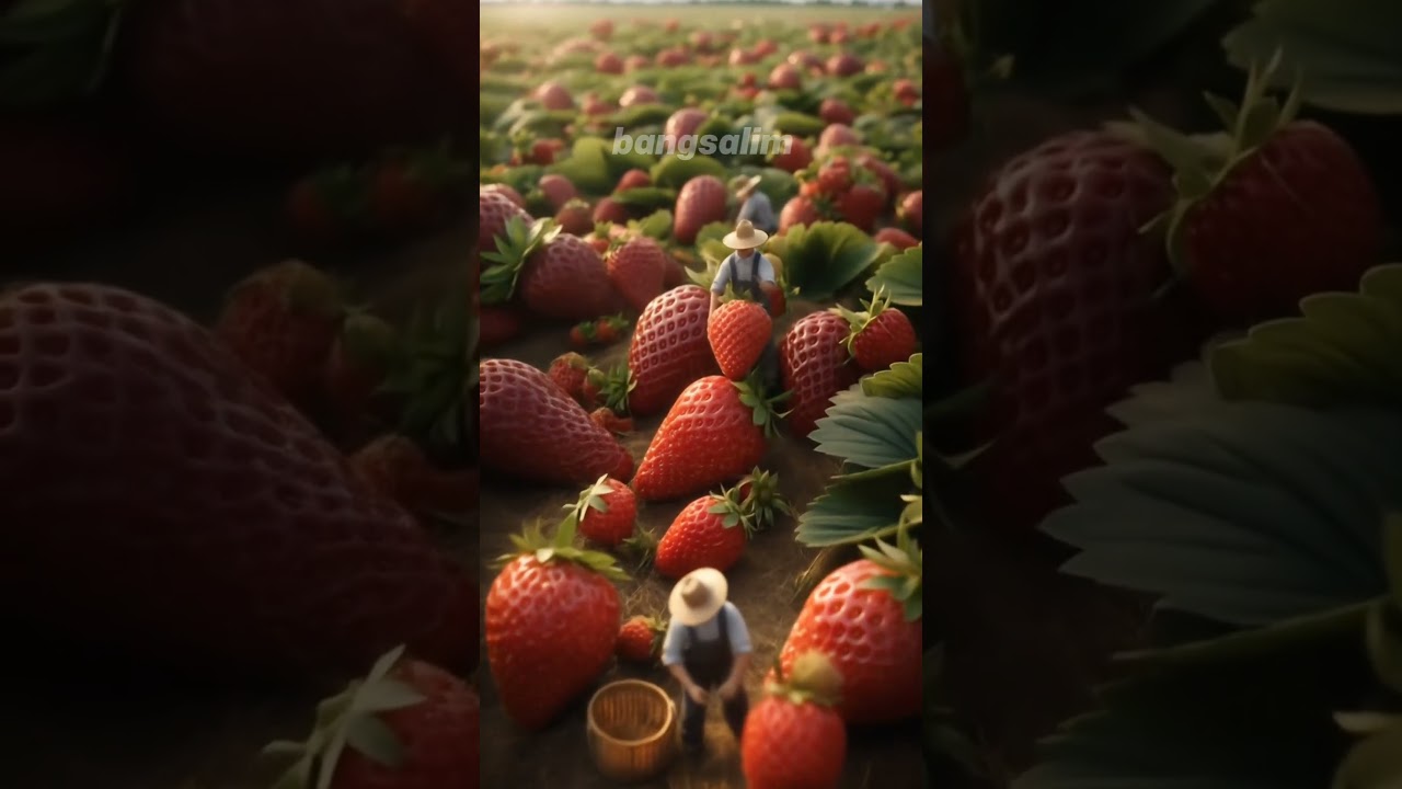 A Tiny Workers Are Harvesting Strawberry in the Garden. 