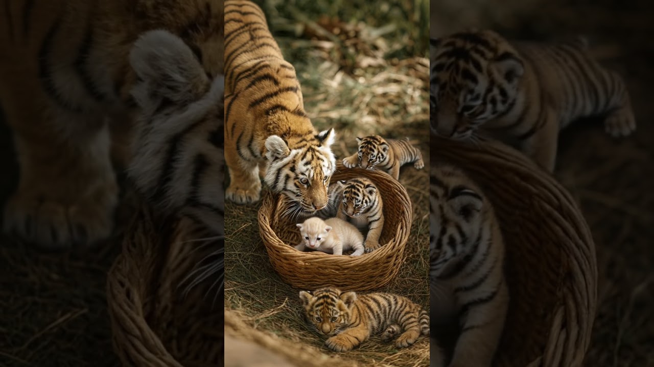 Tiger Family Protects a Lonely Kitten in the Basket