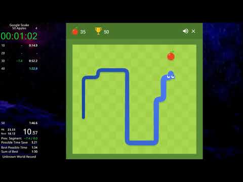 Google Snake Game 69 apples in dimension mode speedrun in 6:09.619 