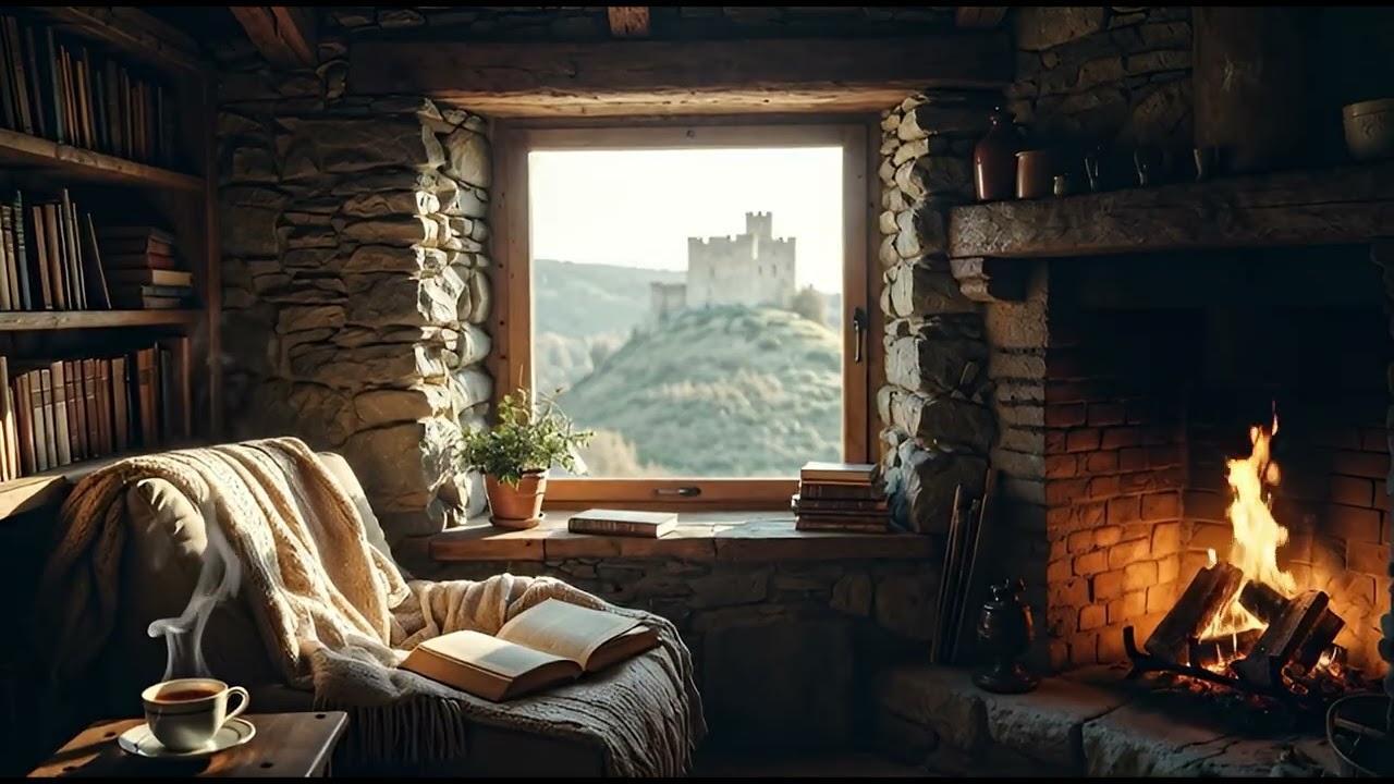 Medieval Castle View Cabin Ambience | Fireplace Sounds & Calm Piano for Deep Sleep