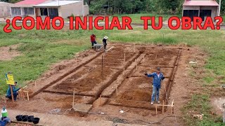 Inicio de obra. Casa de 7m x 15m. replanteo, excavación, escuadras, solados y hierros a utilizar.