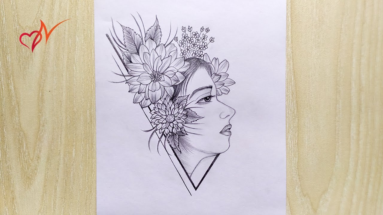 Premium Photo | Face with flower line art creative digital illustration  painting