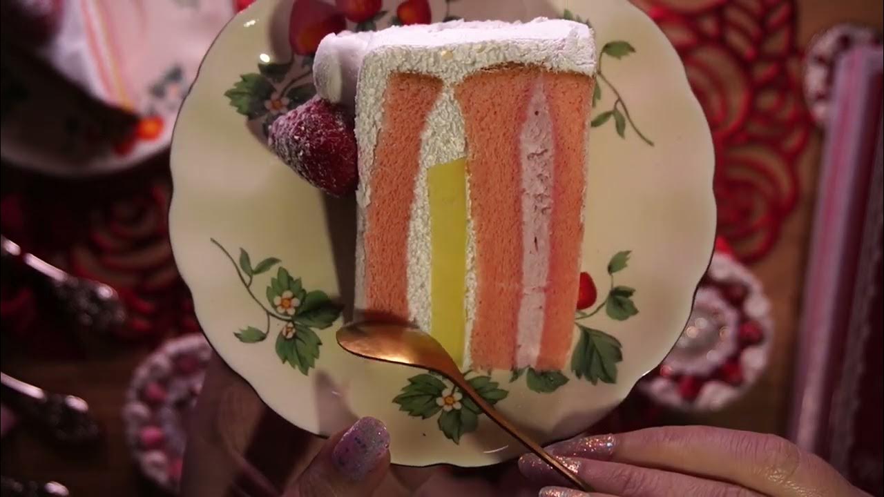 Asmr eating beautiful strawberry cake from 85 degree bakery tingly