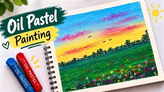 Oil Pastel Sunset Painting Tutorial | Easy Landscape Art