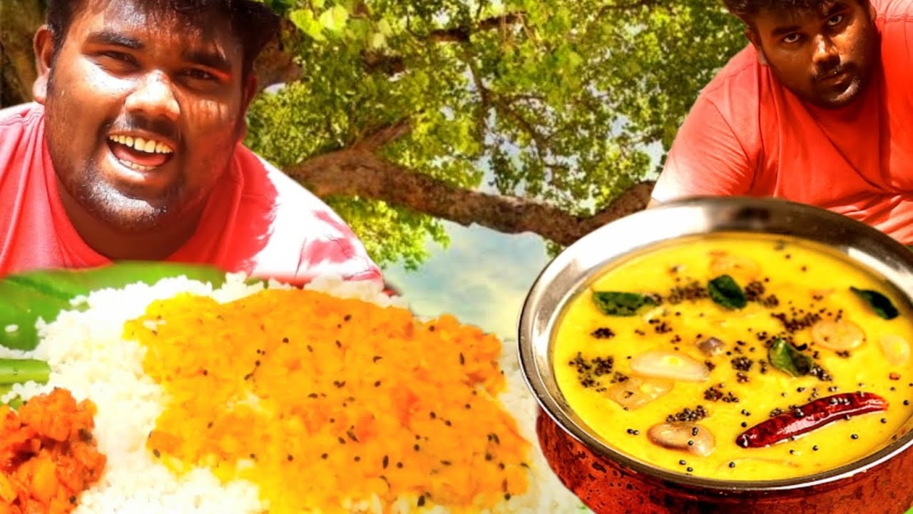 The village boy eating in nature | Rice, Dal curry, and Potato fry ...