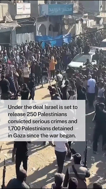 Child lifted up from crowd by a Palestinian prisoner, arriving in Khan Younis