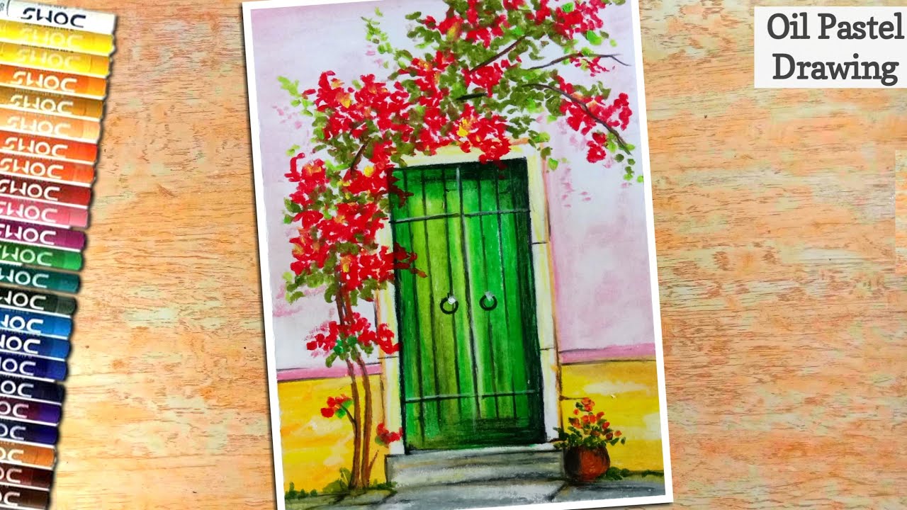 A Door with Red Blossom 🌸 | Oil Pastel Drawing for Beginners- Step by Step |Satisfying Drawing |