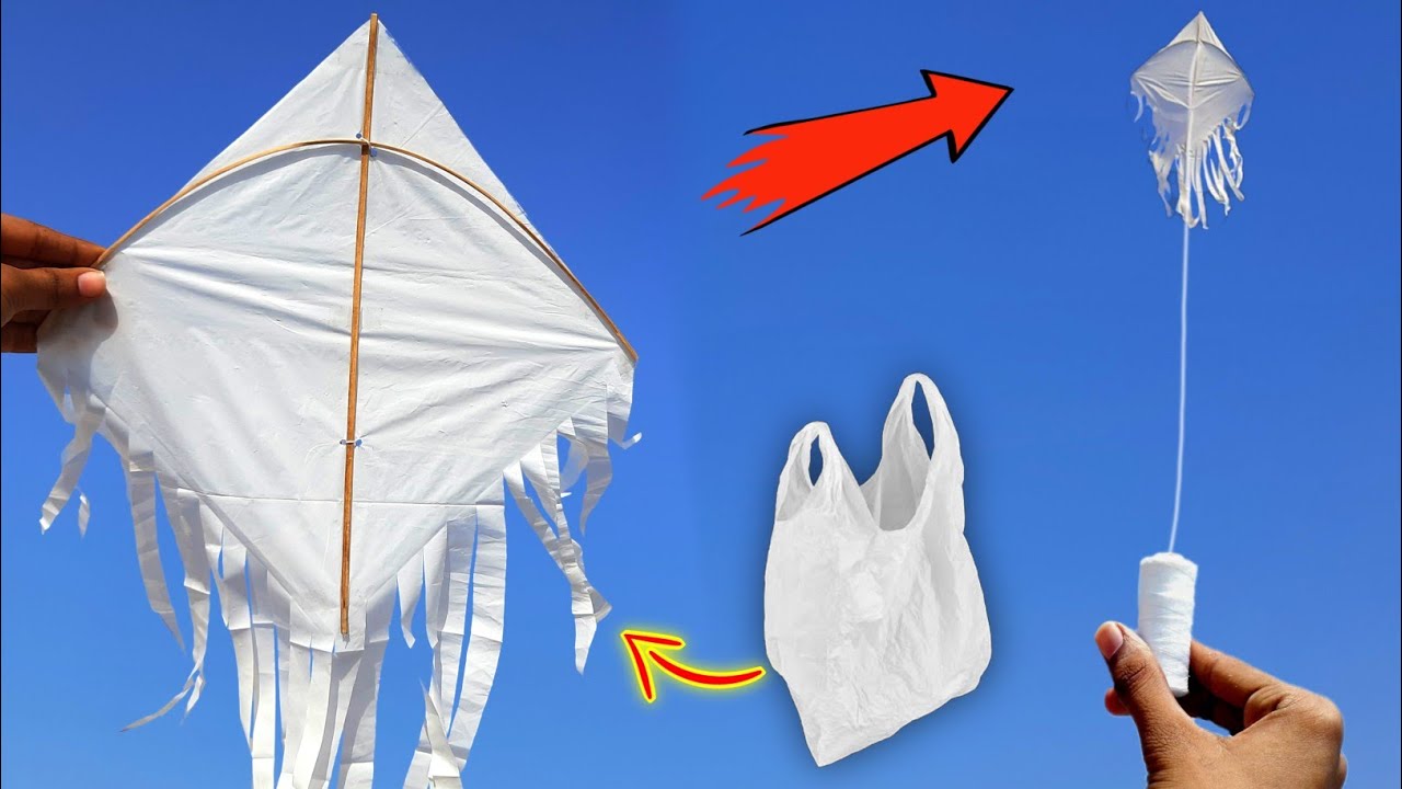 how to make kite , plastic bag kite making flying kite पन्नी