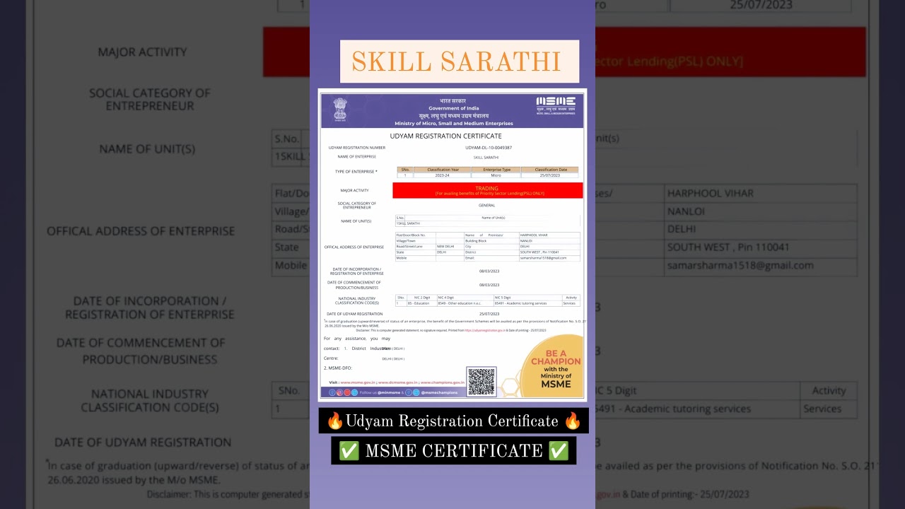 Skill Sarathi Registration certificate