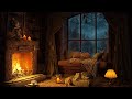 Rainy night in cozy reading nook  soft jazz music  heavy rain fireplace sounds for sleeping 4k