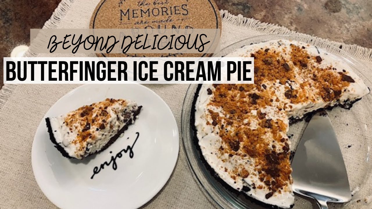A decadent vanilla ice cream pie with crunchy Butterfinger candy and chocolate in a crumb crust.