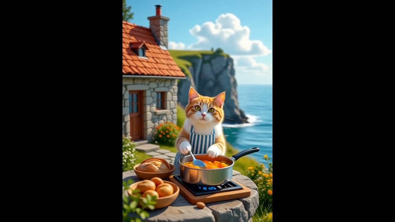 Cute Cat Cooking in a Cliffside Cottage | Cozy Animation