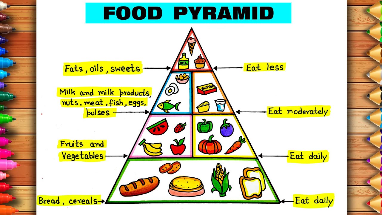 Food Pyramid Drawing | Nutrition Healthy Food Pyramid Drawing | Balanced Diet Food Pyramid Drawing