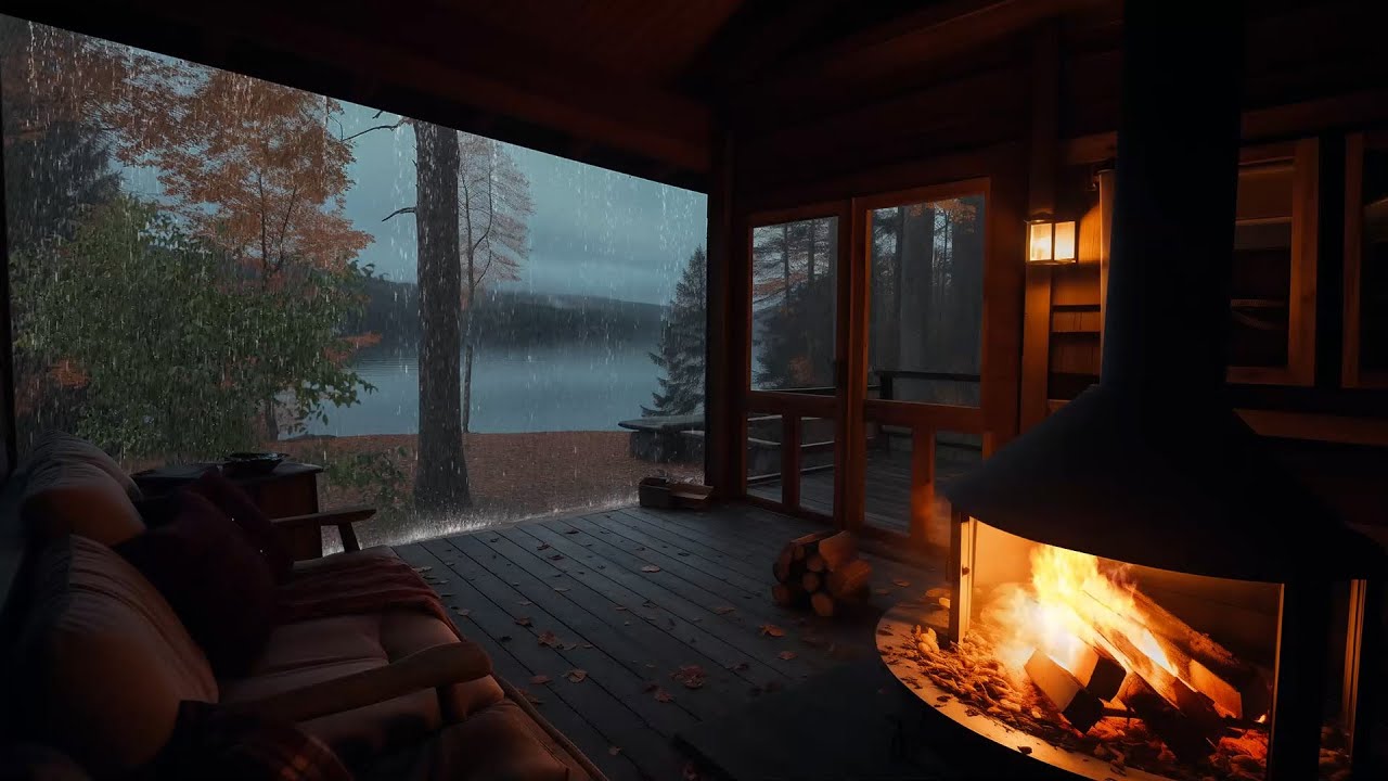 Rainy Porch by the Lake | Cozy Fireplace Ambiance for Relaxation - YouTube