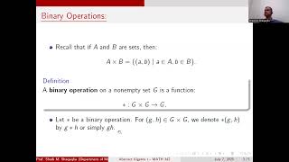 Video 1:  Binary Operations in Abstract Algebra
