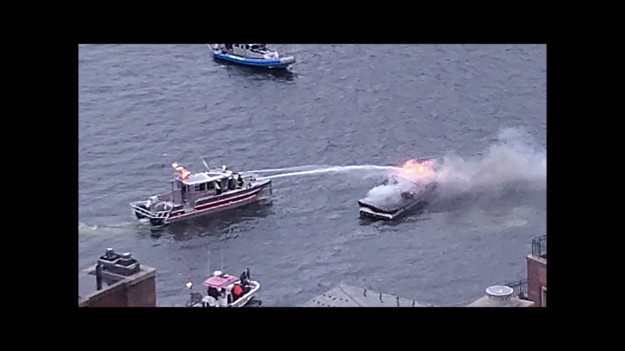 Boat on Fire and Drifting in Boston Harbor