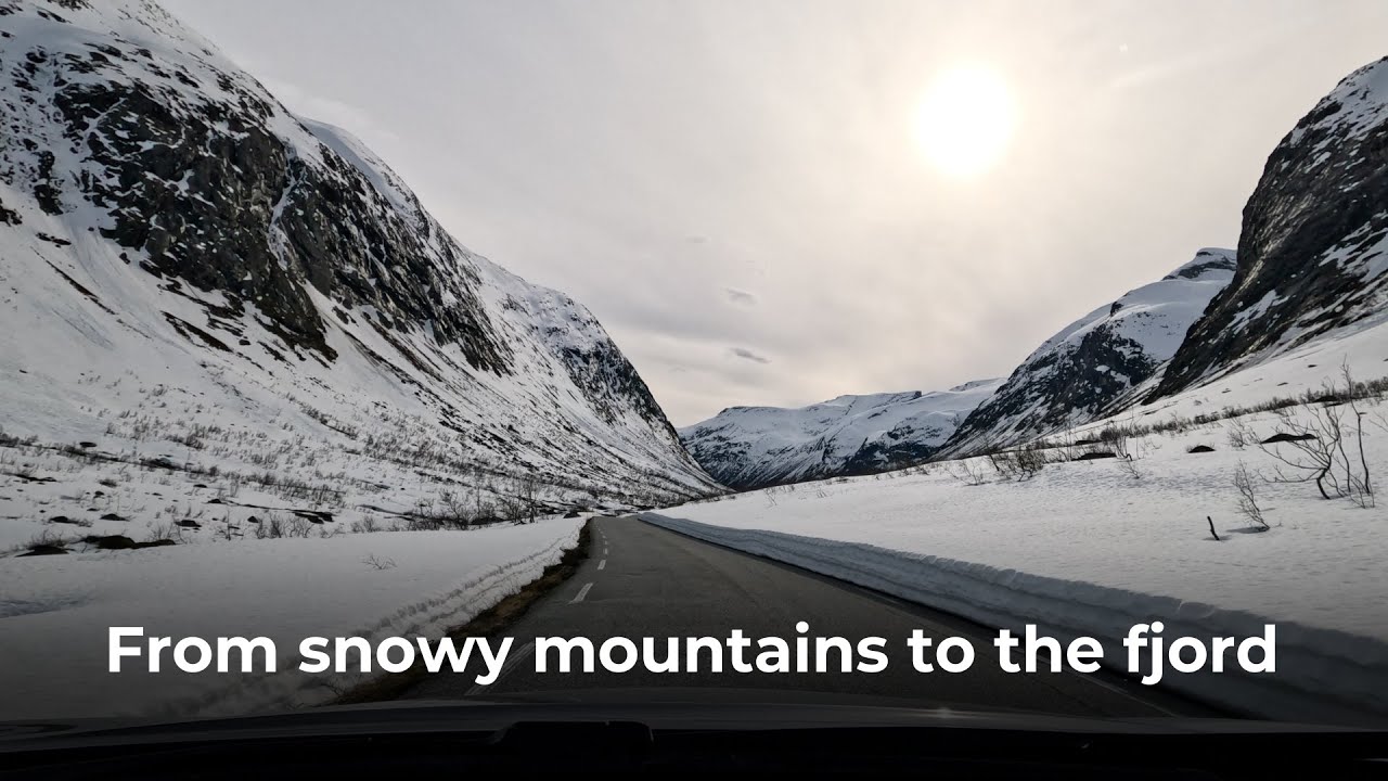 Driving from snowy mountains to the fjord | Driving Norway in Real Time 4K 50FPS