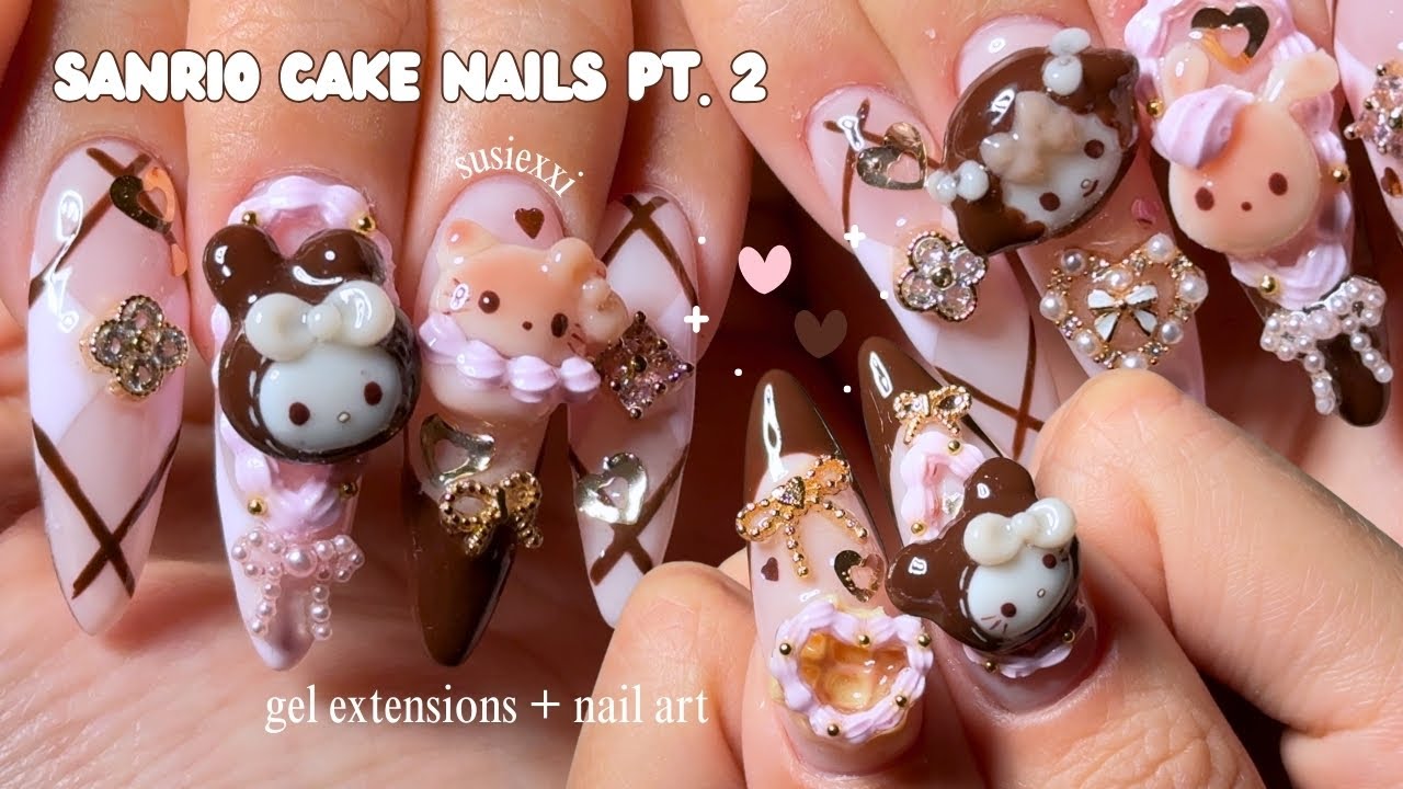 sanrio cake nails pt 2 🤎 fall nails, nail tutorial, handmade nail charms