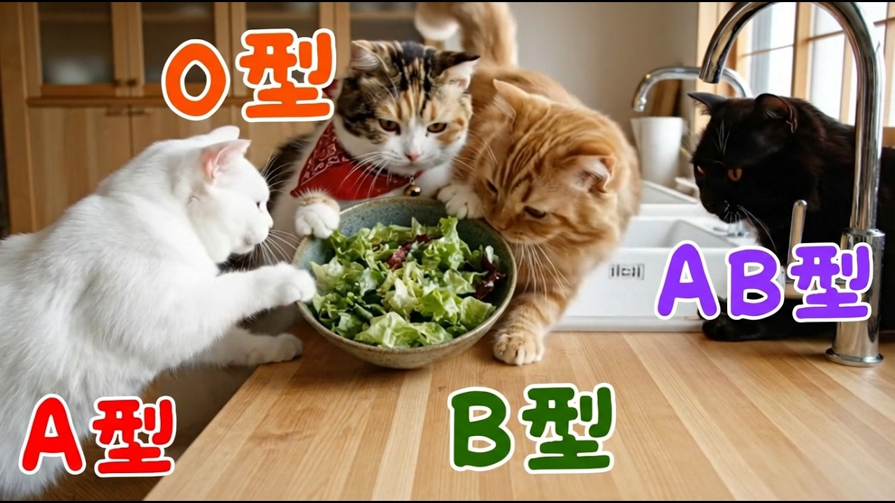 【血液型あるある】【意外な違い？】もしも猫がシェフだったら？🐱👨‍🍳 究極の「猫草サラダ」作りに悶絶必至！ハサミを使う「猫の手」が可愛すぎる血液型あるある比較【四季ねこ】【AI猫-血液型あるある】