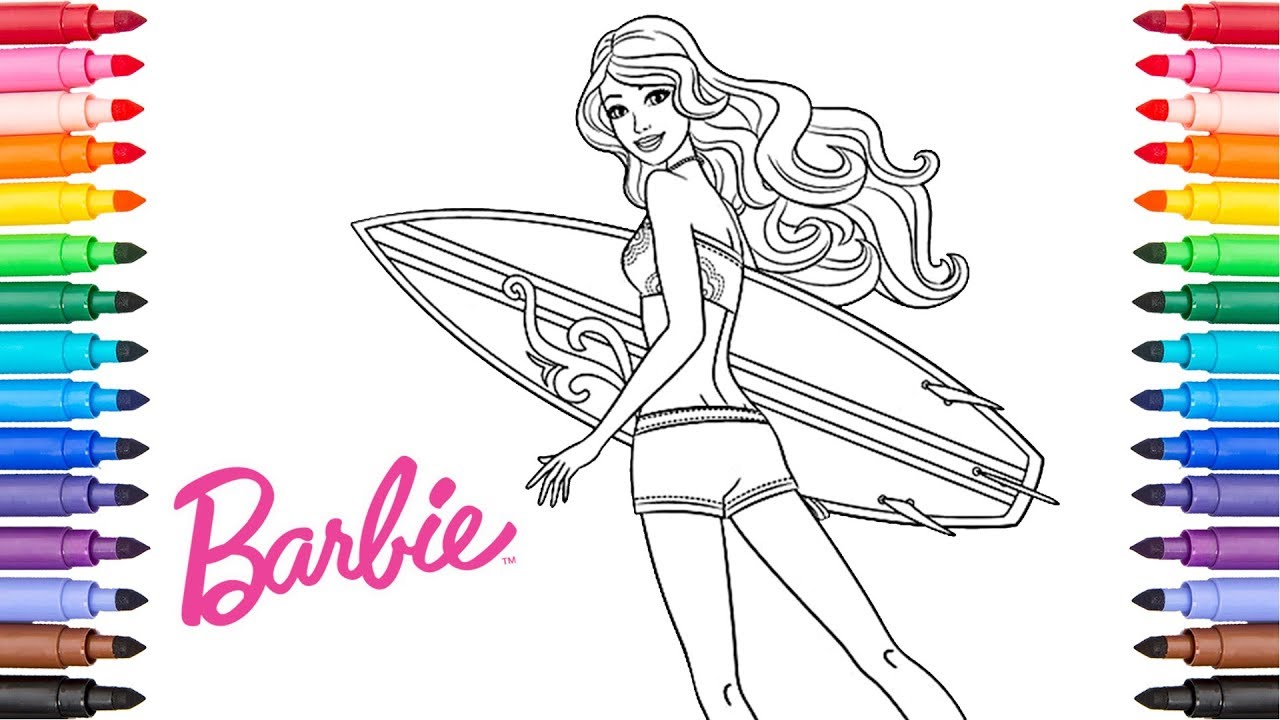 Coloring Barbie is surfing   Barbie Coloring Pages